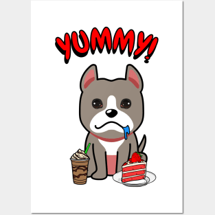 Cute grey dog is having coffee and cake Posters and Art